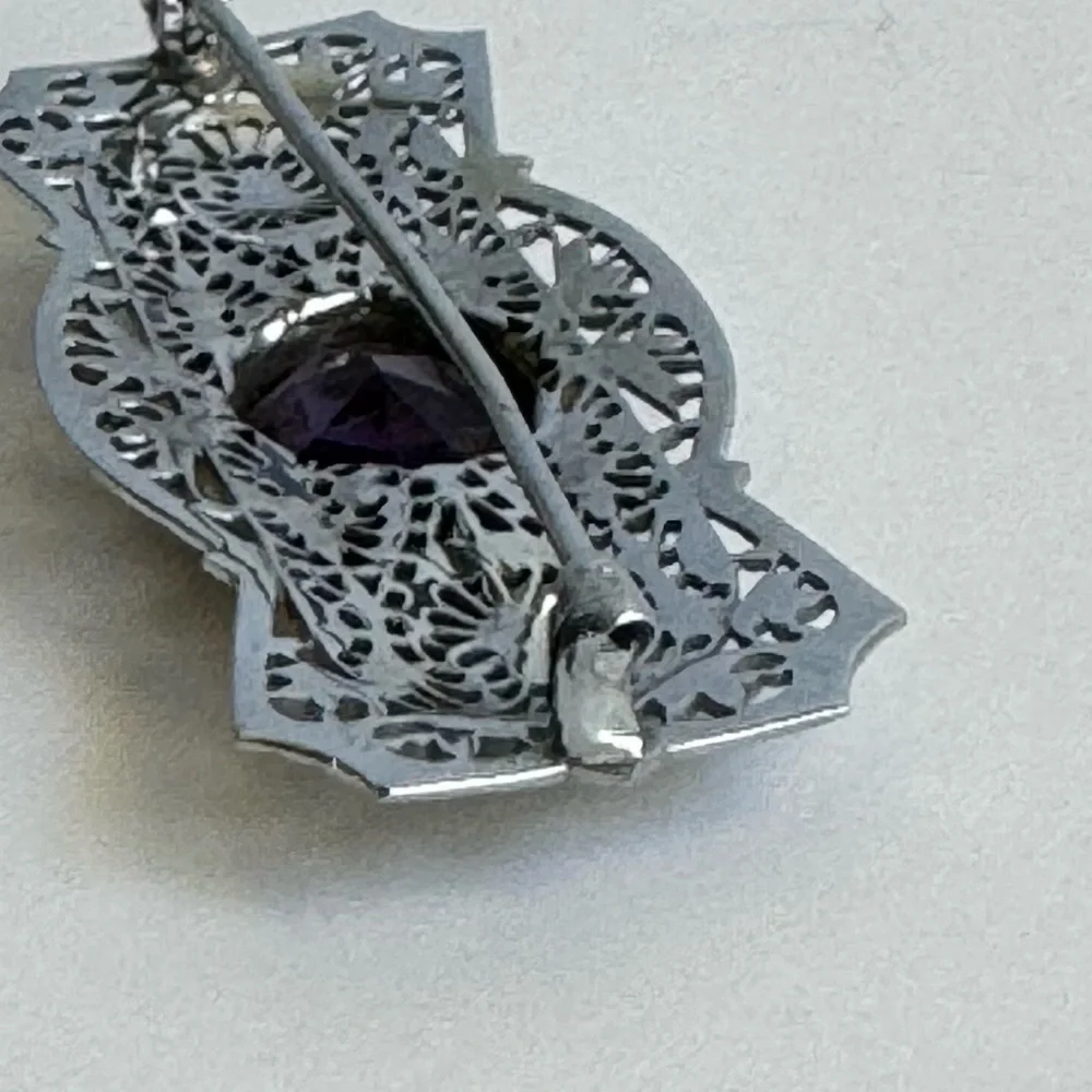 10K White Gold Filigree Brooch Amethyst Pearl Antique Ornate Pin Estate Piece‎